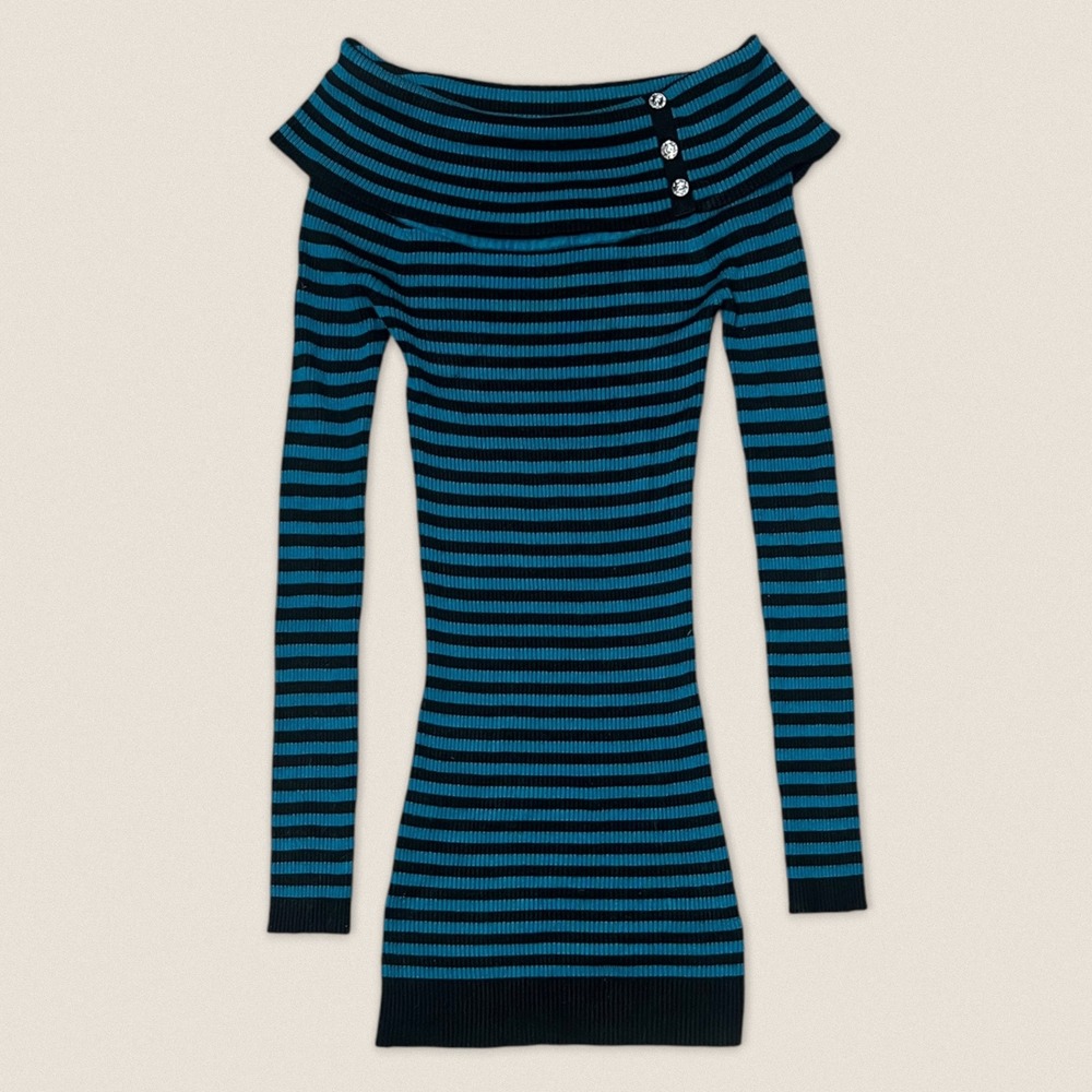 Candies Y2K Striped Off Shoulder Knit Mini Dress Teal Black Rhinestone - Size XS
